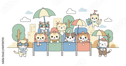 Adorable Feline Friends Enjoying a Sunny Day Outdoors with Umbrellas and Cityscape Background