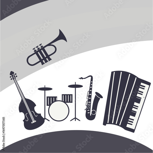 Dark blue silhouettes of musical instruments on a light gray and white background vector