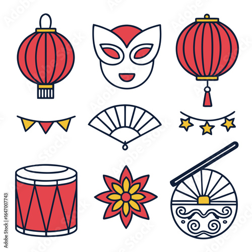 Red and yellow festival icons including lanterns mask drum fan and flower celebration