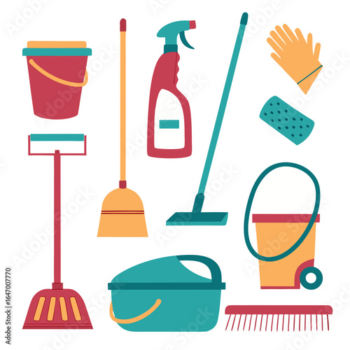 Red yellow and teal cleaning supplies arranged on white background household broom