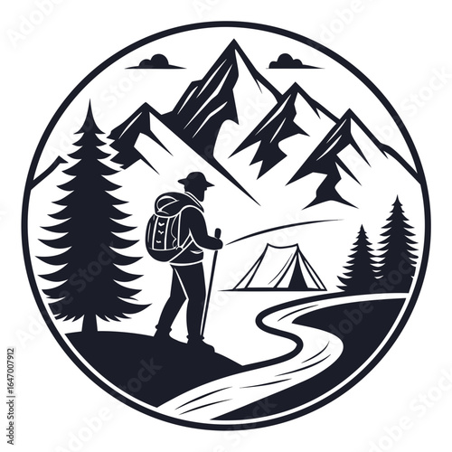 Silhouette hiker with backpack and trekking poles near tent and mountains hiking adventure