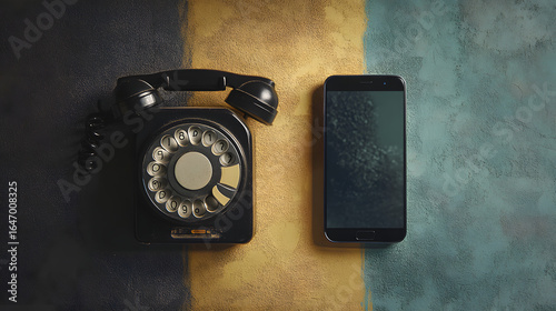 Old rotary phone beside modern smartphone showing evolution of communication technology and connectivity. old vs new,
