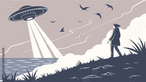 Ufo sighting illustration of flying saucer with light beams over the ocean with person looking up