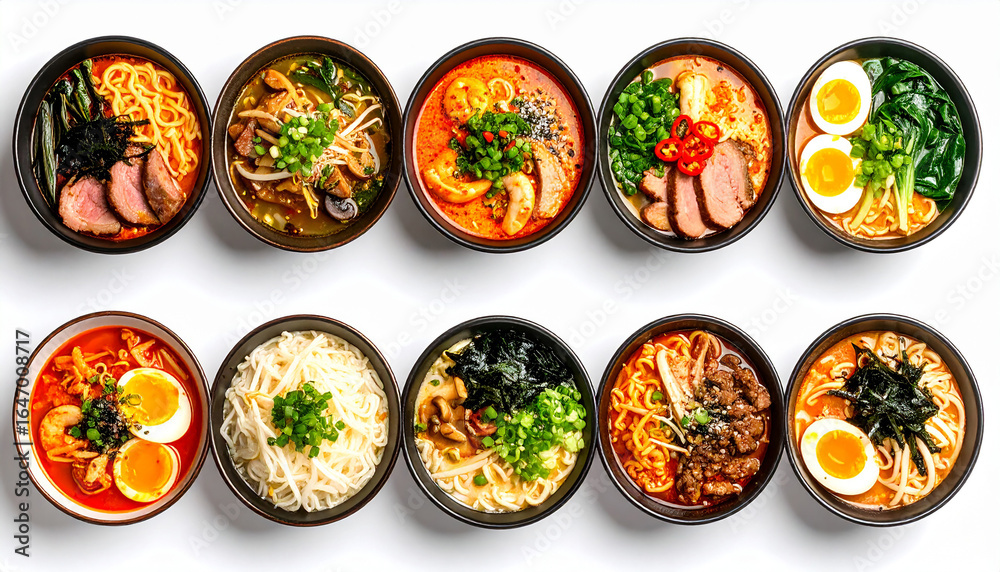 Collection of Asian noodle ramen bowls isolated Collection of Asian noodle ramen bowls isolated