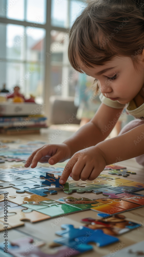 Fototapeta premium Child engaged in completing a colorful jigsaw puzzle indoors during a sunny afternoon in a cozy living room setting