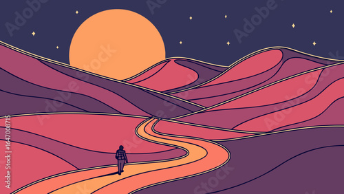 Illustration of desert landscape with sun and stars for travel and adventure seekers digital art style art