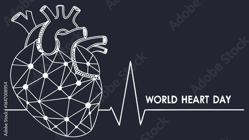 World heart day awareness illustration with heart anatomy and heart beat line design concept vector graphic