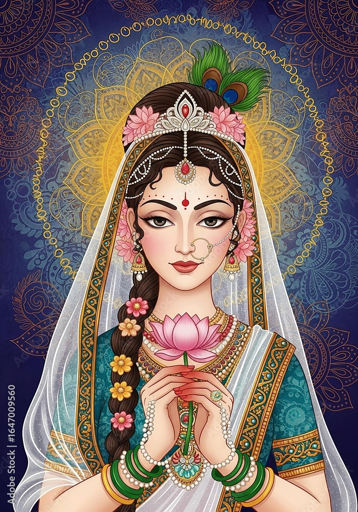 Fototapeta premium Radha Rani in a beautiful photorealistic style.Vibrant Gopalkala Dahi Handi 2025 Krishna Janmashtami Festival