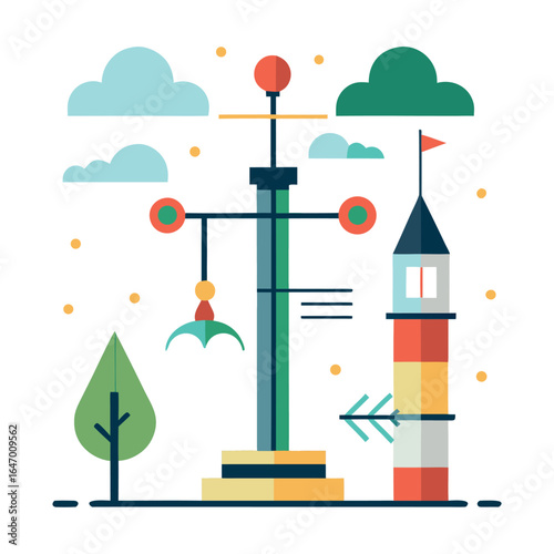 Photo of weather station with meteorological instruments, clouds, and a small tower, illustrating weather observation and data collection