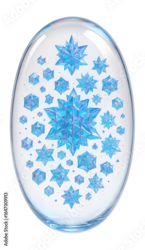 Ellipsoid encasement with floating fractal crystals and shifting hues.