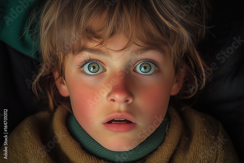 Child with blue-green eyes and freckles looking surprised in close-up portrait, warm clothing