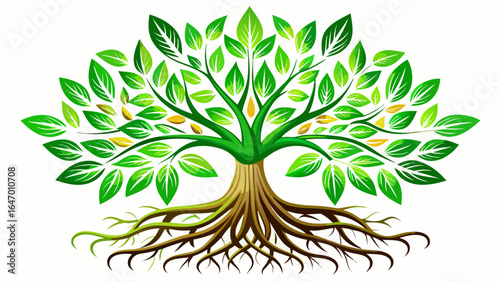 Roots intertwine below, leaves unfurl above, vibrant green against pure white background, embodying strength, harmony, and promise, capturing nature’s delicate artistry in a serene, inspiring, and gra