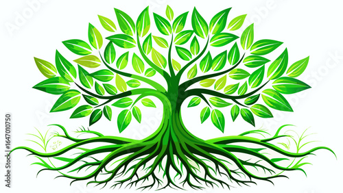 Roots intertwine below, leaves unfurl above, vibrant green against pure white background, embodying strength, harmony, and promise, capturing nature’s delicate artistry in a serene, inspiring, and gra