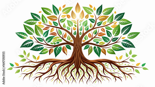 Roots intertwine below, leaves unfurl above, vibrant green against pure white background, embodying strength, harmony, and promise, capturing nature’s delicate artistry in a serene, inspiring, and gra