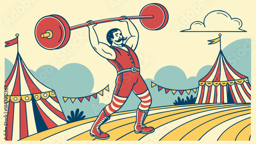 Vintage circus strongman weightlifting show performance vector illustration graphic design element art