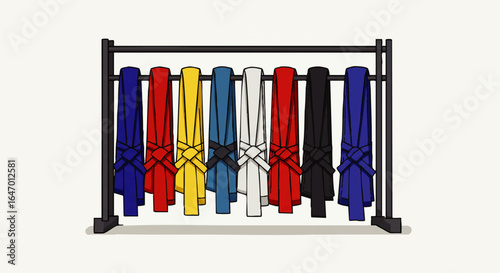 A colorful collection of tied martial arts belts hanging neatly on a dark grey display rack.