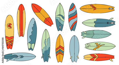 A colorful collection of handdrawn retro surfboards with various shapes and vintagestyle patterns.