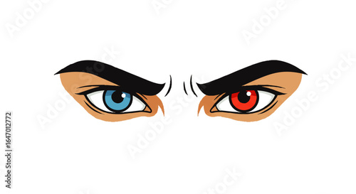 A pair of intense glaring cartoon eyes with heterochromia one red and one blue and thick black eyebrows.