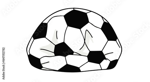 A soft creased bean bag chair with a classic black and white soccer ball pattern illustration.