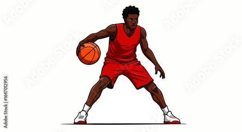 Athletic Black Male Basketball Player Dribbling Ball in Red Uniform.