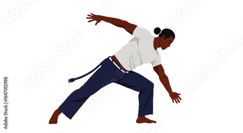 Athletic Black man with a man bun performing a dynamic Capoeira ginga move.