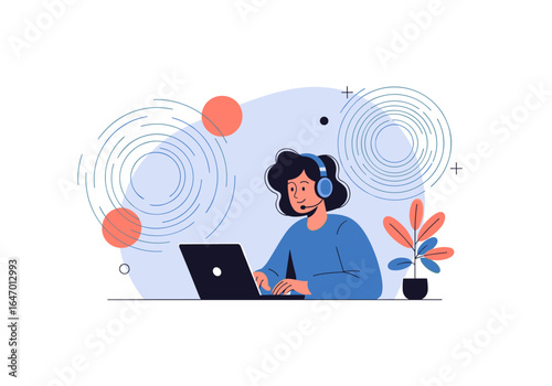 Customer service representative working remotely on a laptop with headphones and microphone for online communication and support