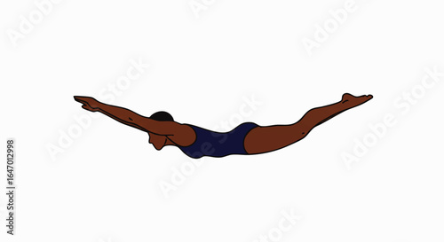 Athletic Black woman in a blue onepiece swimsuit and black cap swimming the butterfly stroke.
