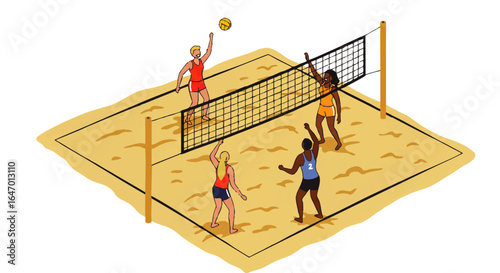 Beach Volleyball Game Diverse Players in Action Net Sand Court.
