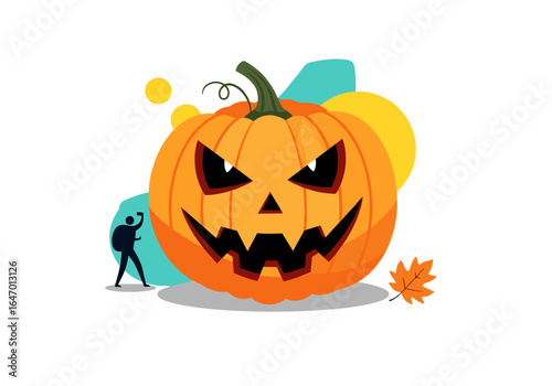 Spooky jack o lantern halloween pumpkin with a tiny person admiring its scary face and autumn leaf decoration