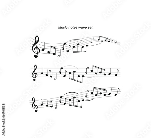 Elegant music notes wave set with treble clef and flowing melody lines. Perfect for musical design, sheet music, concert posters, audio branding, song illustration, and creative art projects