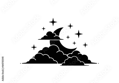 Mystical night sky crescent moon amongst wispy clouds and twinkling stars