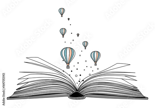 Discover worlds unfolding open book with hot air balloons ascending into the sky