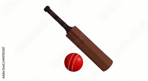 Brown Wooden Cricket Bat with Black Handle and Red Leather Ball, Sports Equipment Illustration