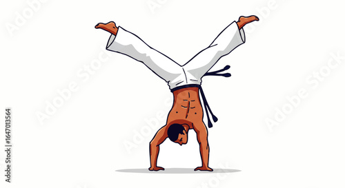 Capoeira Handstand: Man in White Pants and Black Belt