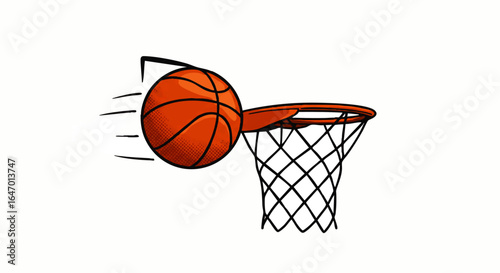 Cartoon basketball with halftone shading scoring a goal in a hoop with a net.