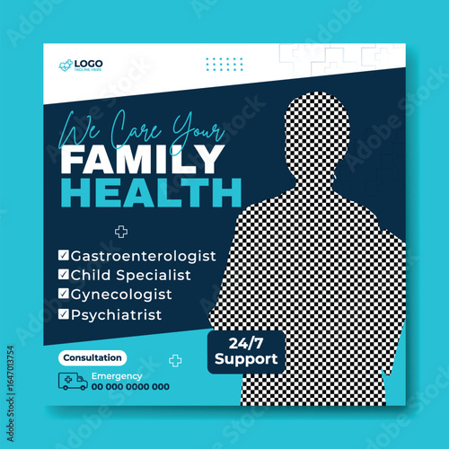 Medical Clinic Ad Design with Smiling Female Doctor Holding Clipboard