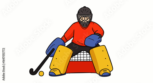 Cartoon field hockey goalie in full gear, crouching with a stick and ball.