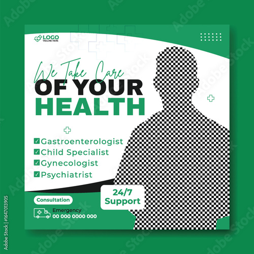 Medical Healthcare Social Media Post Design Template with Doctor Image