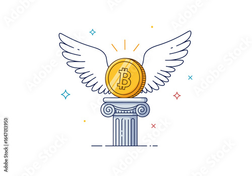 Bitcoin coin with wings perched on a classical column symbolizing financial freedom and digital currency growth