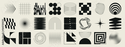 Abstract minimal element mid century vector set. Aesthetic contemporary stripe line art, vintage geometric shape,halftone in monochrome. Atomic age Art form design for wall art, decoration.