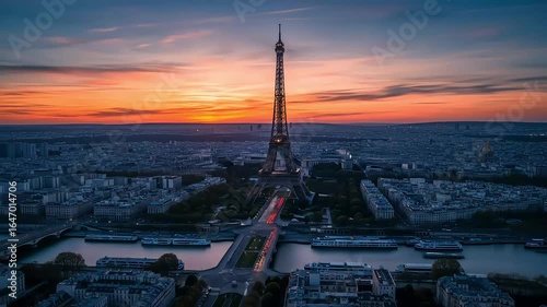 Aerial View Of Paris Skyline At Sunset With The Eiffel Tower Illuminated And Orange Sky Above The Buildings