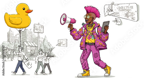Cheerful punk youth with a pink mohawk and vibrant outfit shouting into a megaphone.