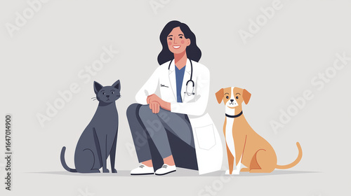 A women in lab coats, posing with their dog and cat, The background is gray. 