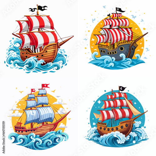 Explore the high seas with these dynamic cartoon pirate ships! Perfect for designs evoking adventure, travel, and childhood dreams. Use for illustrations, logos, and more.
