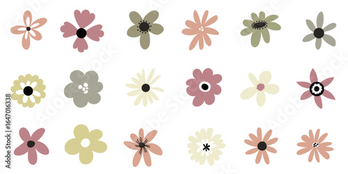 Vector abstract simple groovy flowers in minimalist style. Spring daisy, rose collection for postcard, sticker decoration.