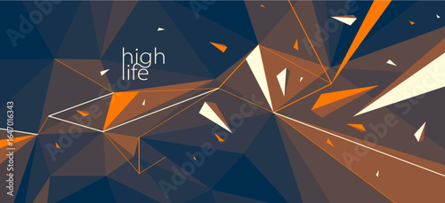Dark and orange low poly vector abstract background with explosion of flying debris particles, 3D surface decay in motion, dynamic polygonal abstraction.