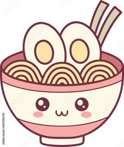 Vector art of cute kawaii ramen bowl with noodles and eggs isolated on white background