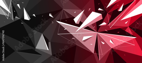 Polygonal vector abstract background, 3D low poly dark hot surface structure with chaos motion of debris particles, broken elements flying dynamism, hot energy.