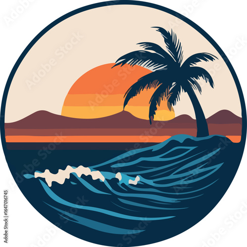 Tropical Beach Sunset with Palm Tree and Ocean Waves Illustration