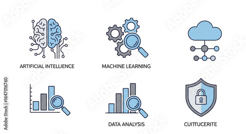 Visual Representation of AI, Machine Learning and Data Analysis Concepts in Light Blue Tones
